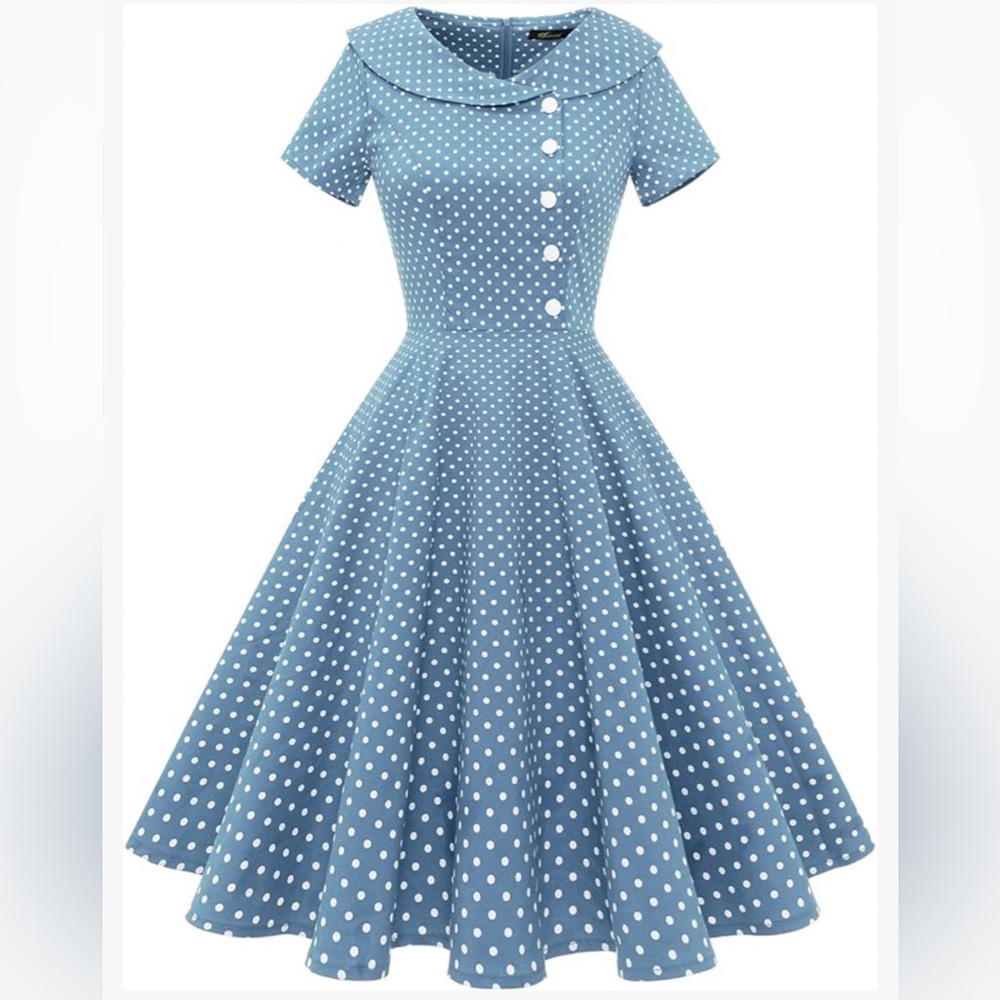 Wedtrend Womens Dress XL Blue, Polka dots Dressy Wide Collar Fit & Flare Buttons
